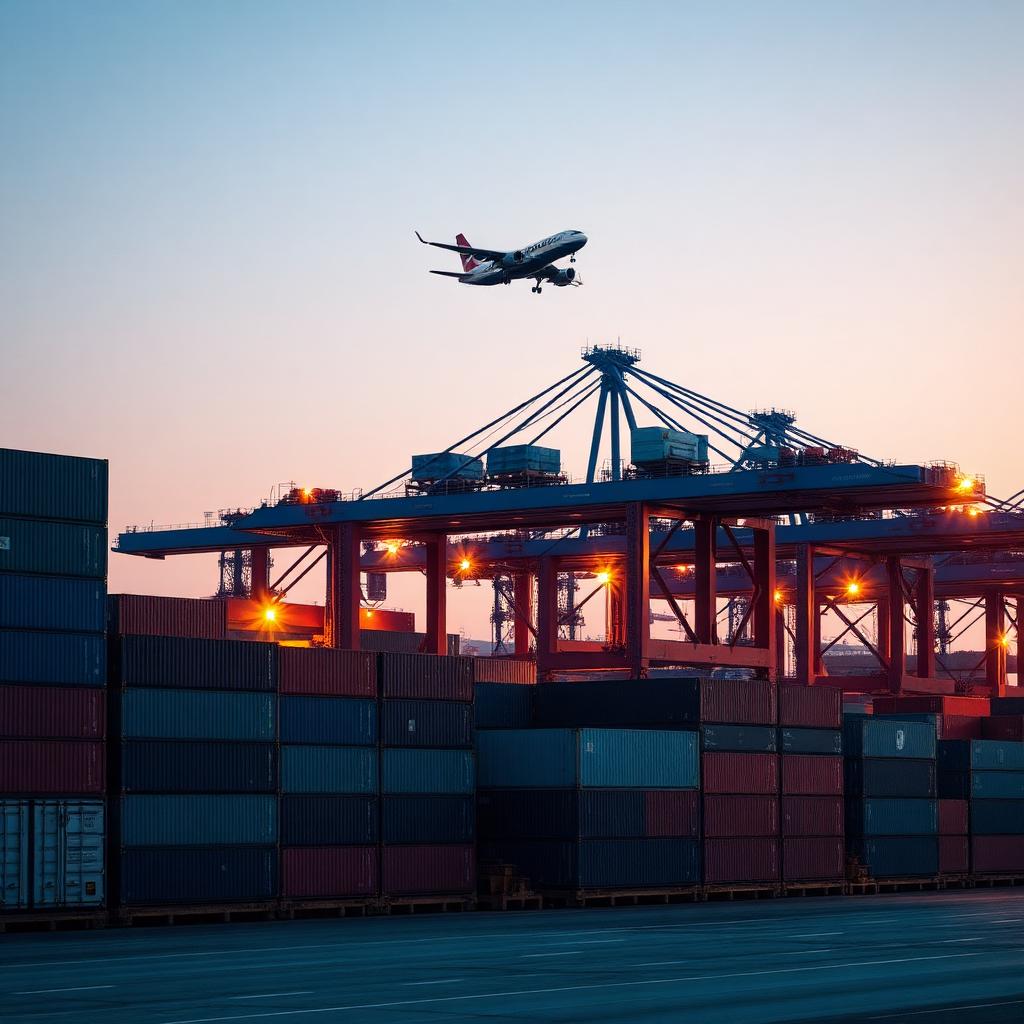 Aerial view of a container ship and cargo plane at a busy port during golden hour