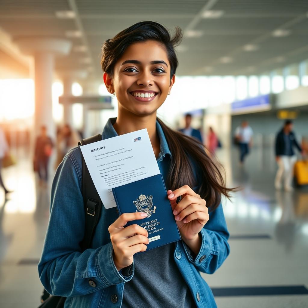 A smiling South Asian student holding books and a passport in a bright modern campus setting